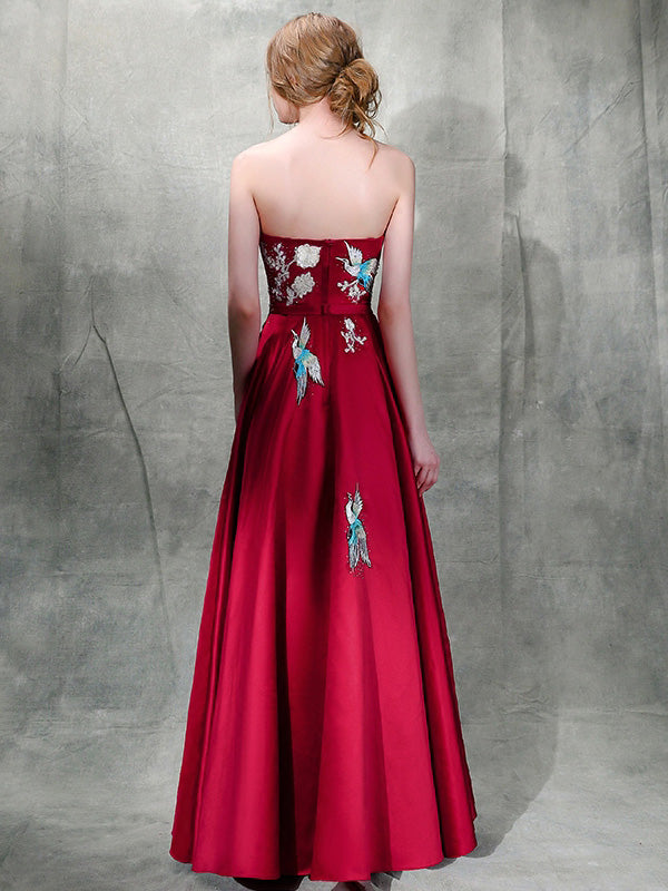 Burgundy Embroidered Strapless Wedding A-Line Prom Dress