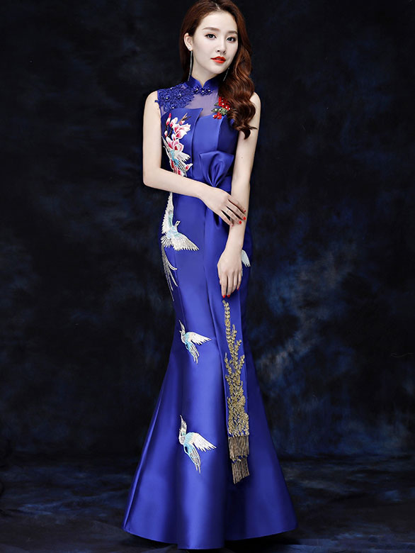 Red Blue Embroidered Fishtail Qipao / Cheongsam Wedding Dress