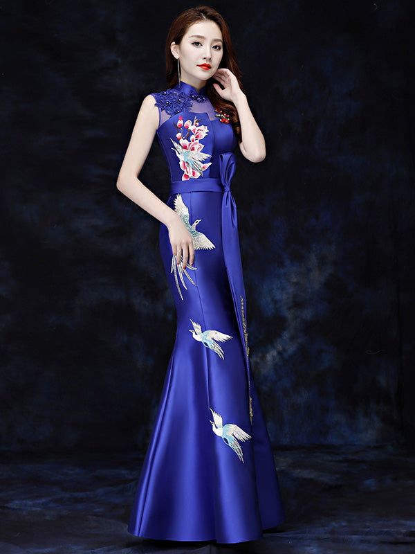 Red Blue Embroidered Fishtail Qipao / Cheongsam Wedding Dress