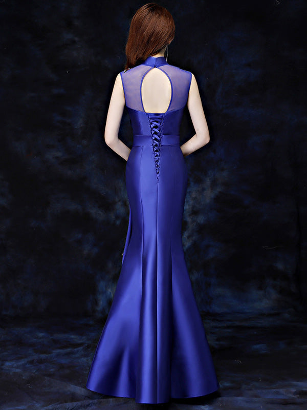 Red Blue Embroidered Fishtail Qipao / Cheongsam Wedding Dress