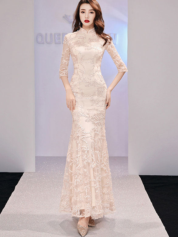 Champaign Fishtail Long Qipao / Cheongsam Evening Dress