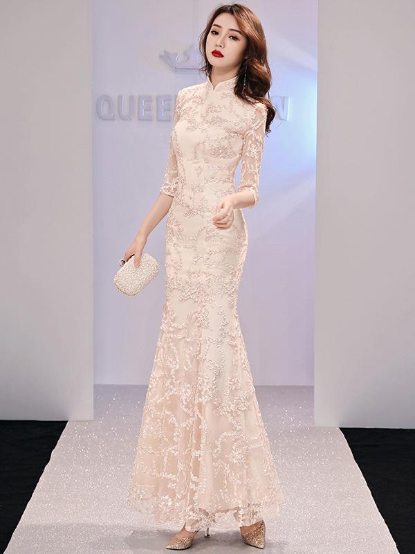 Champaign Fishtail Long Qipao / Cheongsam Evening Dress