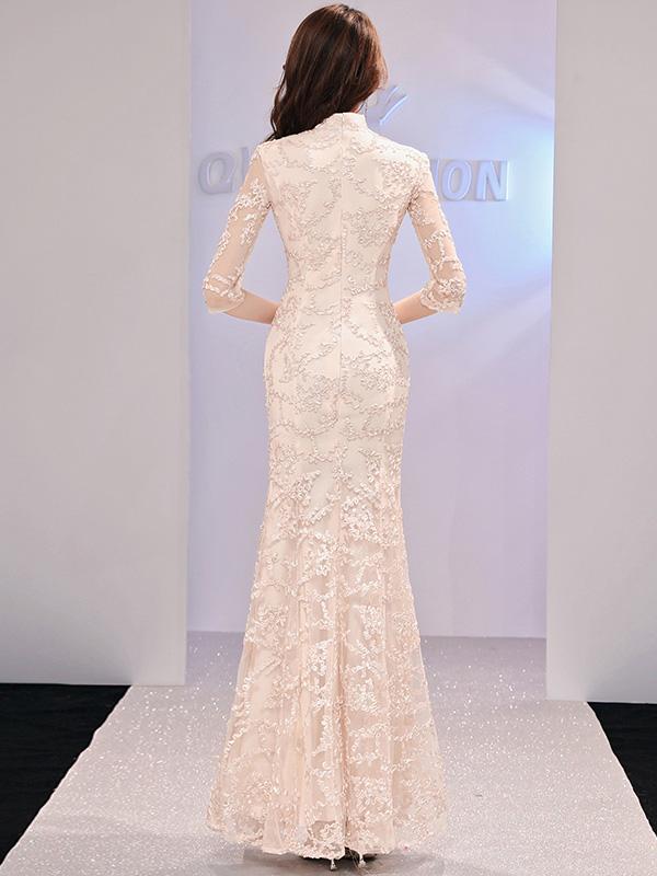 Champaign Fishtail Long Qipao / Cheongsam Evening Dress