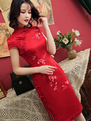 Red Embroidered Midi Qipao / Wedding Cheongsam Dress