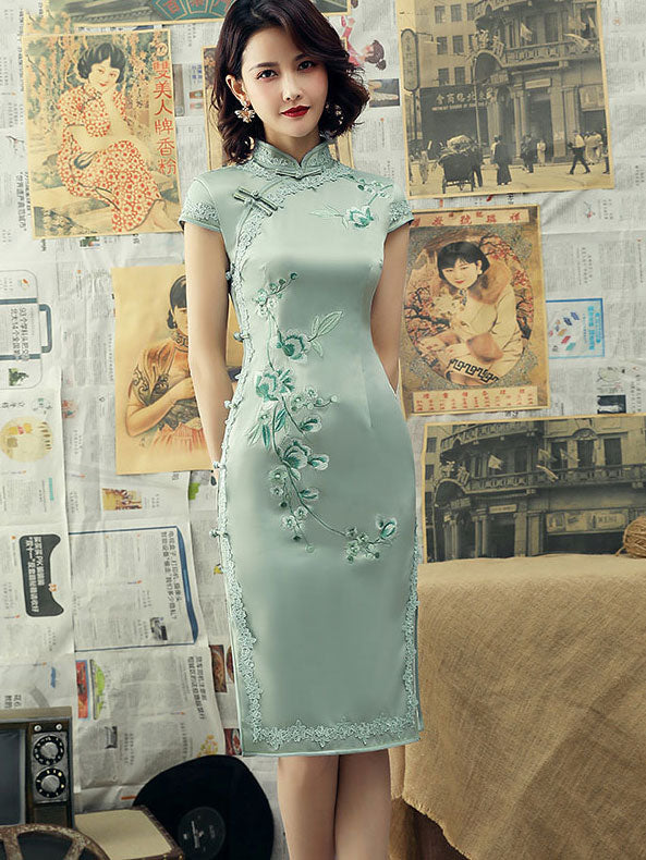 Pink Green Embroidered Midi Qipao / Wedding Cheongsam Dress