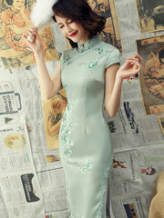 Pink Green Embroidered Midi Qipao / Wedding Cheongsam Dress