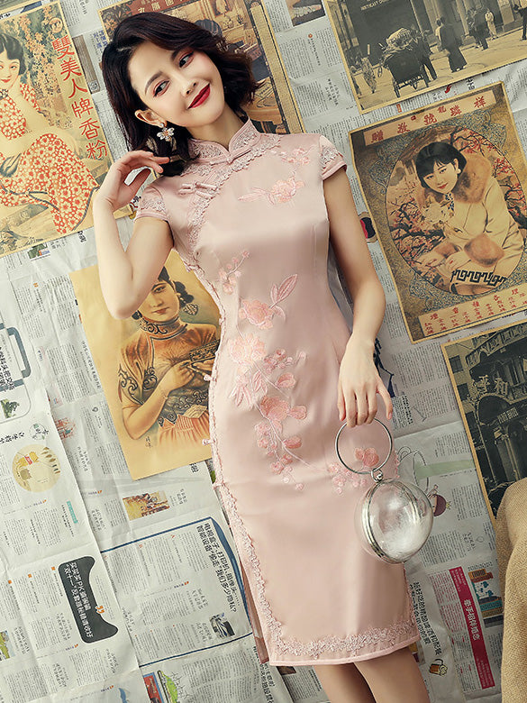 Pink Green Embroidered Midi Qipao / Wedding Cheongsam Dress