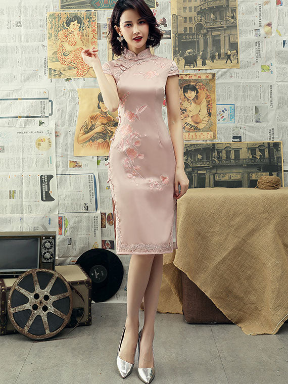 Pink Green Embroidered Midi Qipao / Wedding Cheongsam Dress