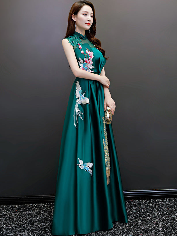 Green A-Line Phoenix Maxi Qipao / Cheongsam Evening Dress