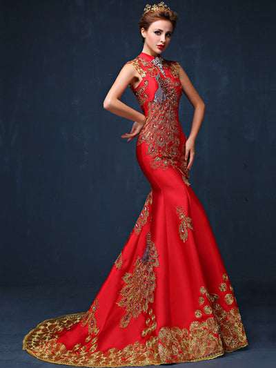 Beaded Phoenix Trumpet Mermaid Qipao / Wedding Cheongsam Dress