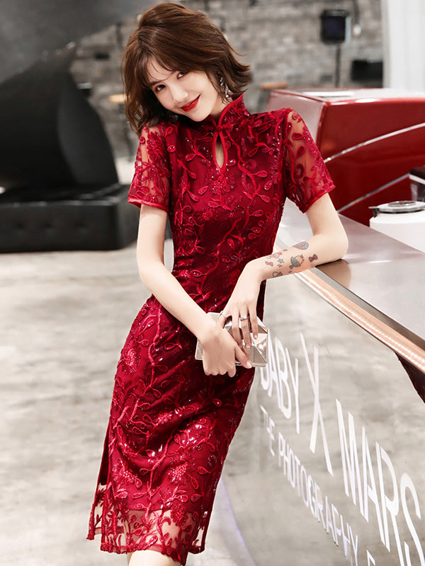 Wine Red Sequins Midi Qipao Cheongsam Wedding Dress