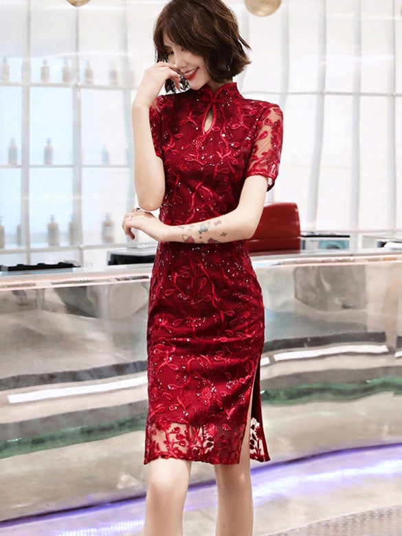 Wine Red Sequins Midi Qipao Cheongsam Wedding Dress