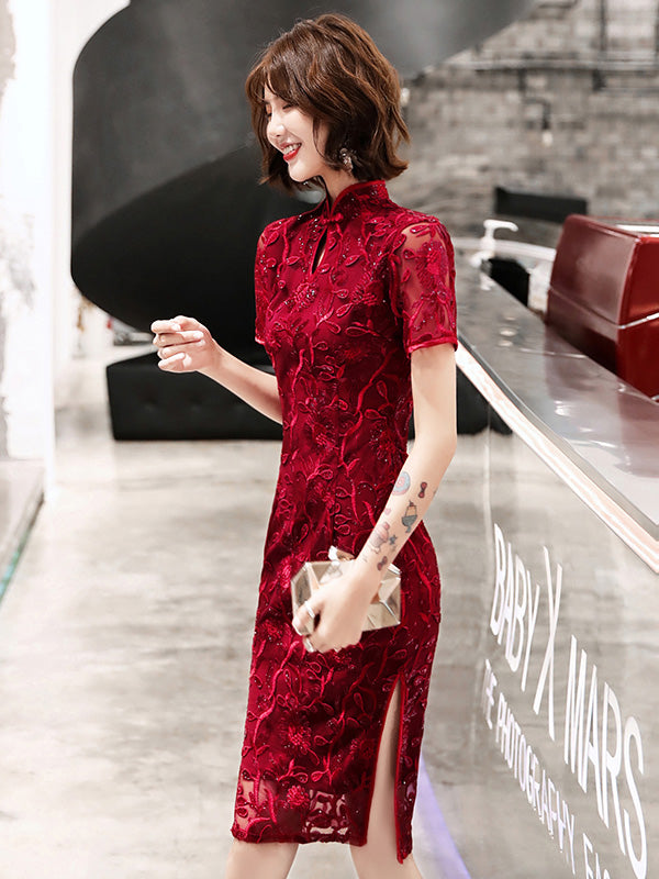 Wine Red Sequins Midi Qipao Cheongsam Wedding Dress