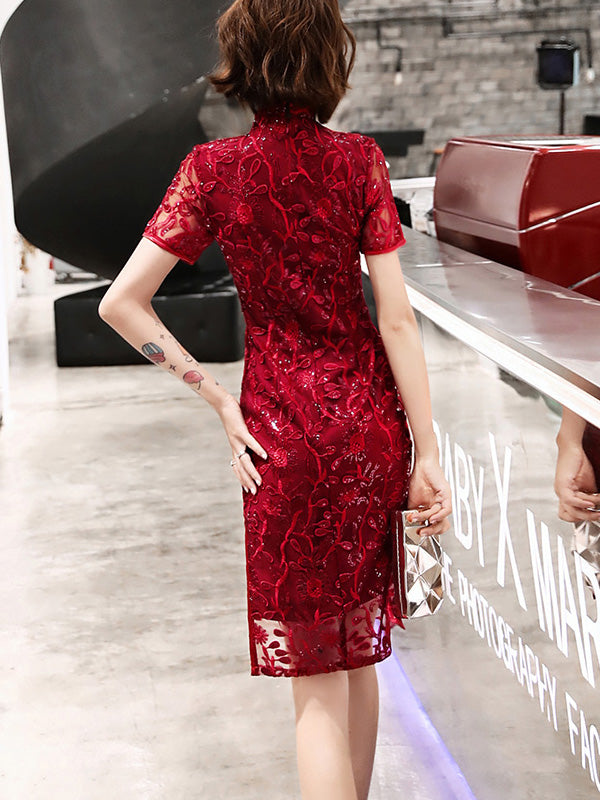 Wine Red Sequins Midi Qipao Cheongsam Wedding Dress