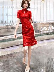Wine Red Sequins Midi Qipao / Cheongsam Wedding Dress