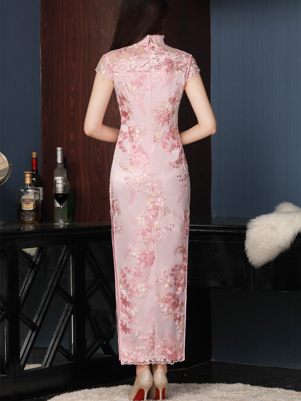 Pink Embroidered Long Qipao / Cheongsam Wedding Dress