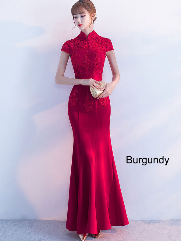 Red Slinky Fishtail Qipao / Cheongsam Dress with Lace Top