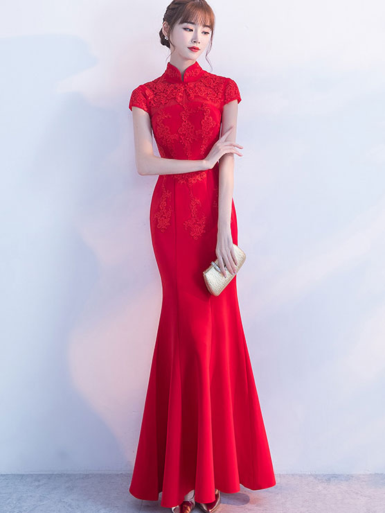 Red Slinky Fishtail Qipao / Cheongsam Dress with Lace Top