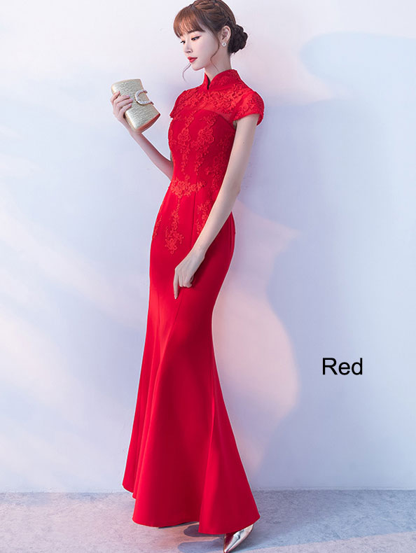 Red Slinky Fishtail Qipao / Cheongsam Dress with Lace Top