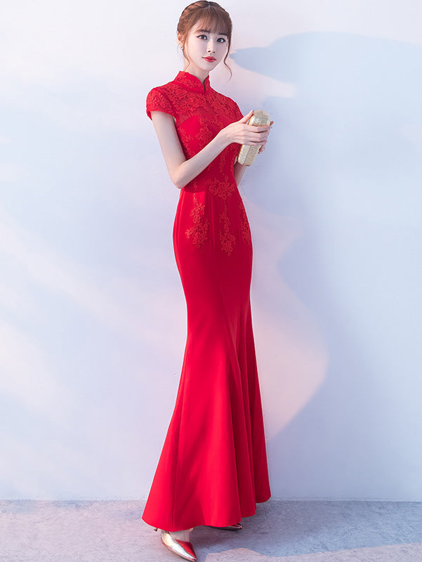 Red Slinky Fishtail Qipao / Cheongsam Dress with Lace Top
