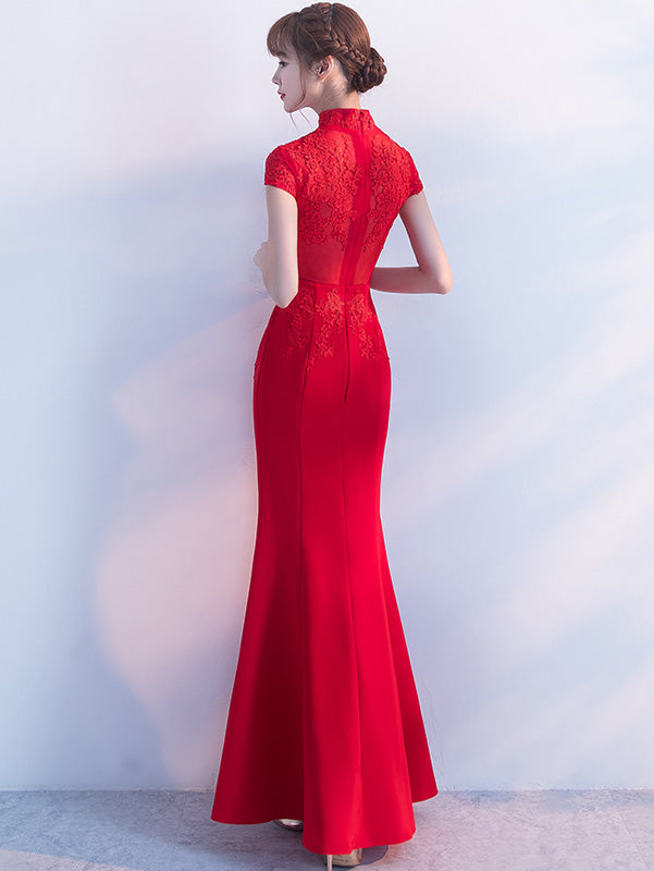 Red Slinky Fishtail Qipao / Cheongsam Dress with Lace Top
