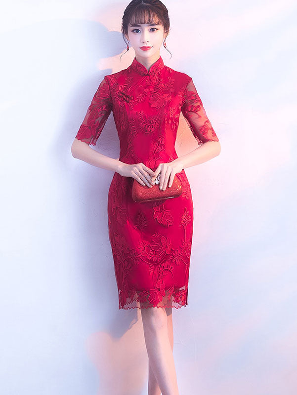 Wine Red Lace Qipao / Cheongsam Wedding Dress