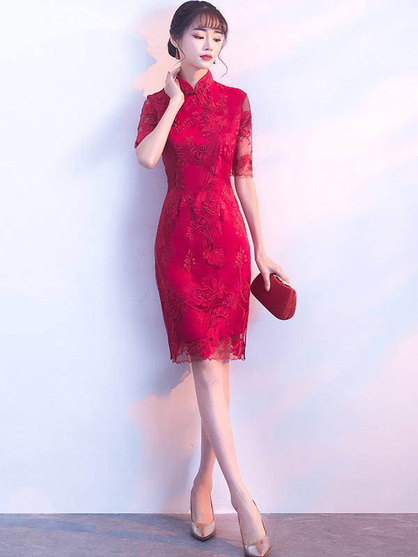 Wine Red Lace Qipao / Cheongsam Wedding Dress