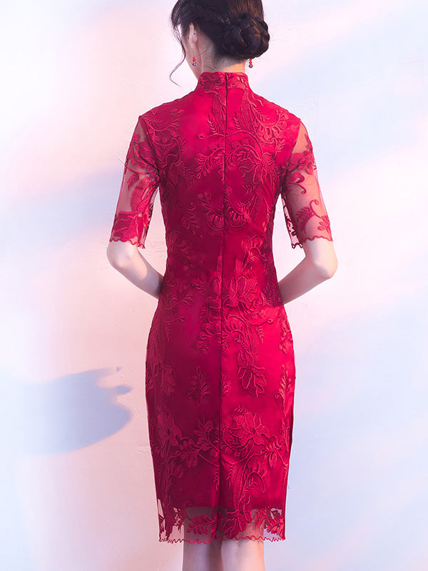 Wine Red Lace Qipao / Cheongsam Wedding Dress