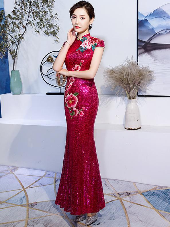 Embroidered Sequin Fishtail Qipao / Cheongsam Wedding Dress