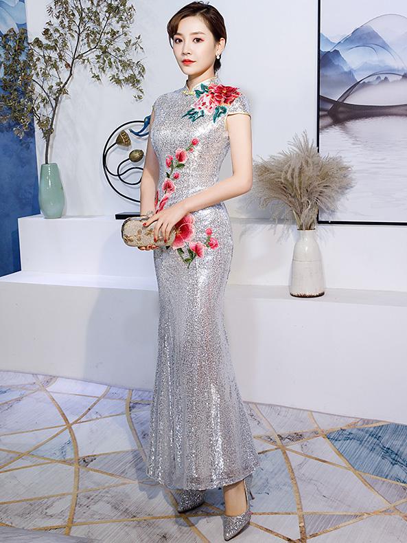 Embroidered Sequin Fishtail Qipao / Cheongsam Evening Dress
