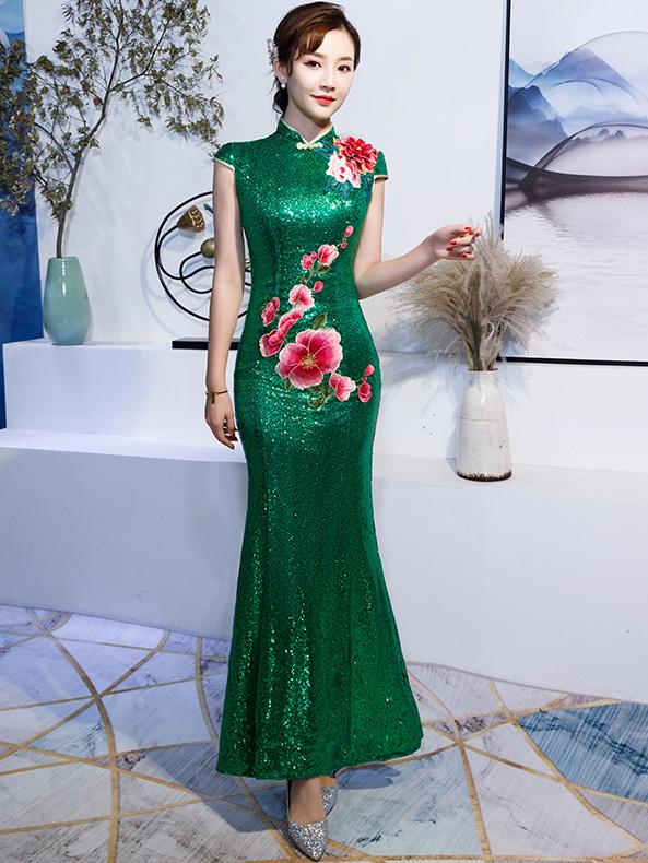 Embroidered Sequin Fishtail Qipao / Cheongsam Evening Dress