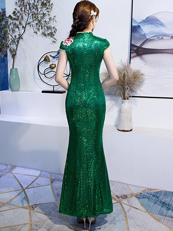 Embroidered Sequin Fishtail Qipao / Cheongsam Evening Dress