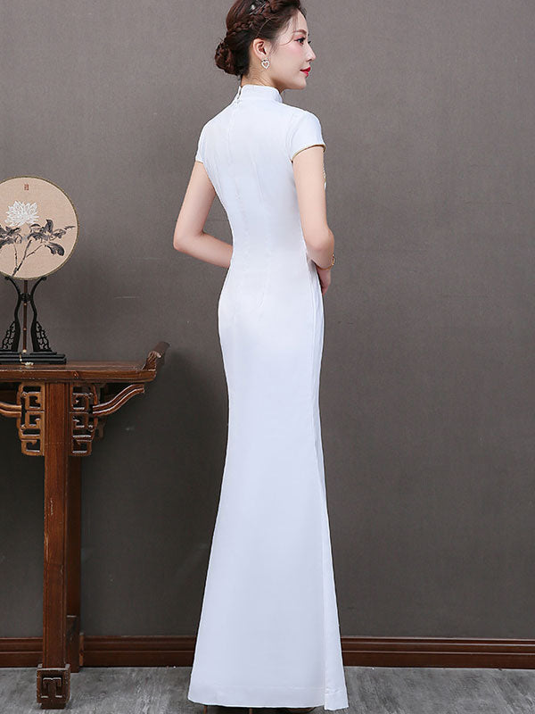 White Green Thigh Split Qipao / Cheongsam Evening Dress