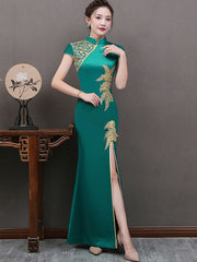 White Green Thigh Split Qipao / Cheongsam Evening Dress