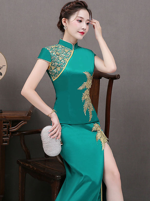 White Green Thigh Split Qipao / Cheongsam Evening Dress