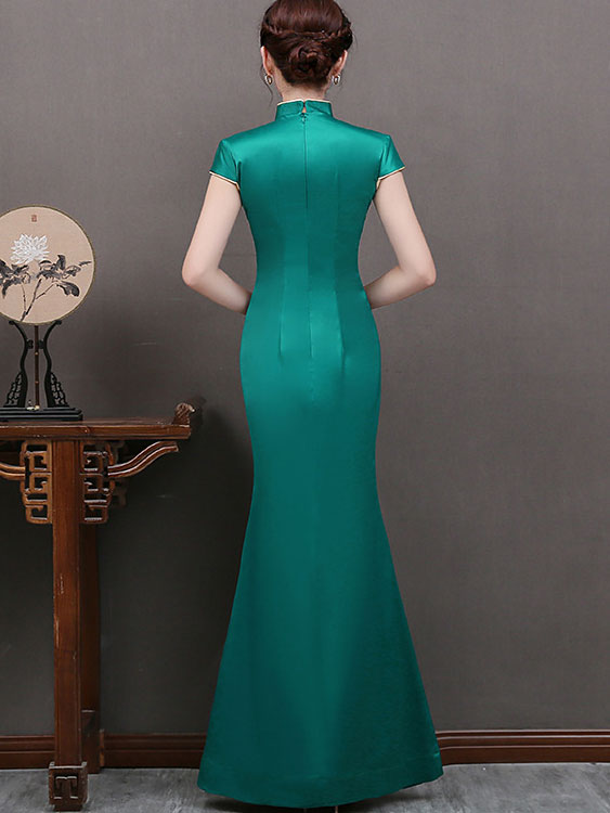 White Green Thigh Split Qipao / Cheongsam Evening Dress