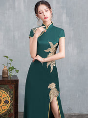 Dark Green Thigh Split Front Maxi Cheongsam Qi Pao Dress