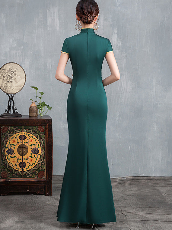 Dark Green Thigh Split Front Maxi Cheongsam Qi Pao Dress