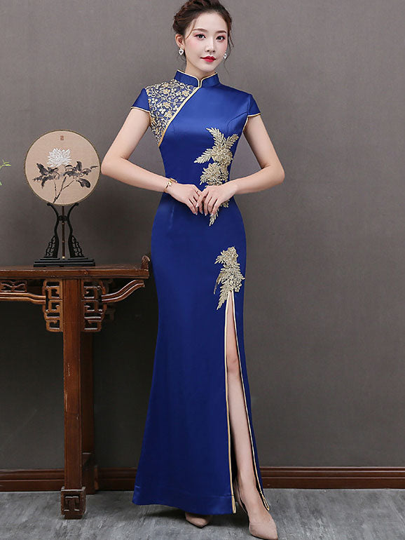 Red Blue Thigh Split Front Qipao / Cheongsam Wedding Dress