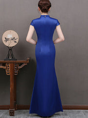 Red Blue Thigh Split Front Qipao / Cheongsam Wedding Dress