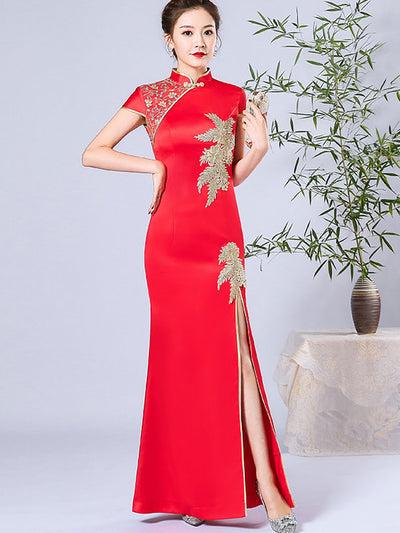 Red Blue Thigh Split Front Qipao / Cheongsam Wedding Dress