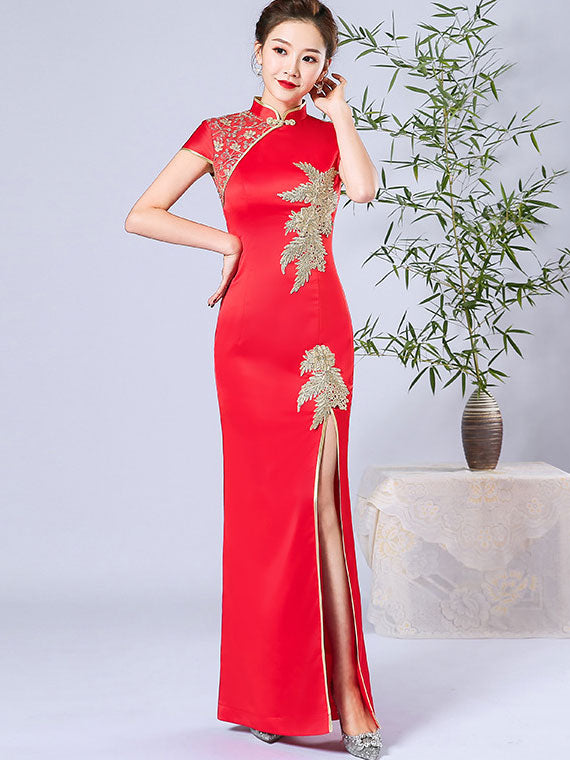 Red Blue Thigh Split Front Qipao / Cheongsam Wedding Dress