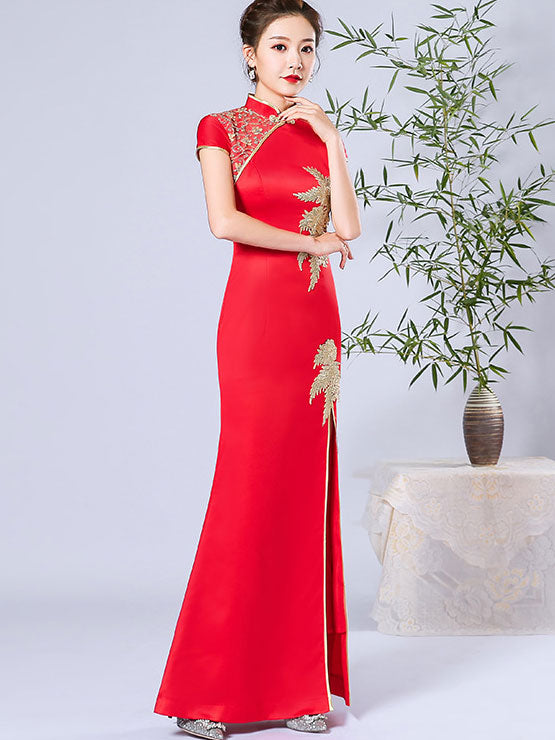 Red Blue Thigh Split Front Qipao / Cheongsam Wedding Dress