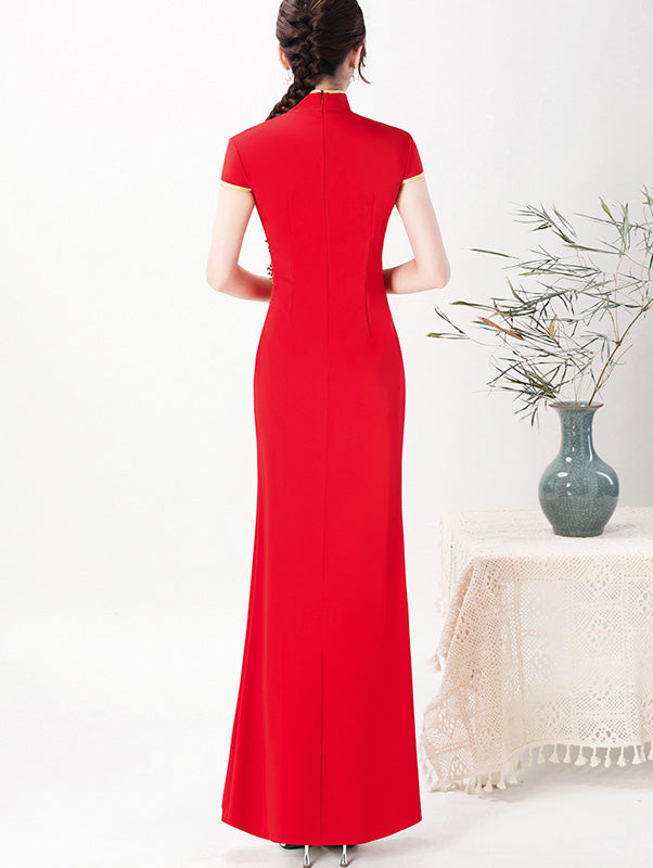 Red Blue Thigh Split Front Qipao / Cheongsam Wedding Dress