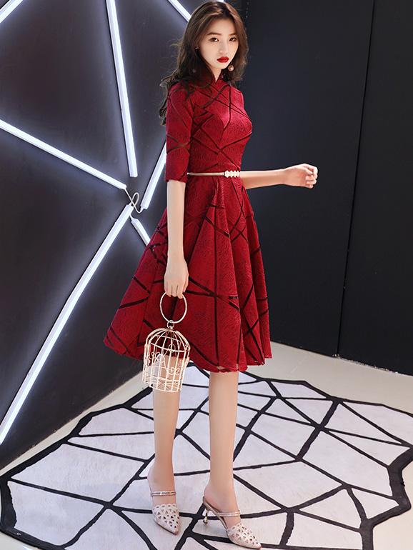 Wine Red Striped A-Line Midi Wedding Qipao / Cheongsam Dress