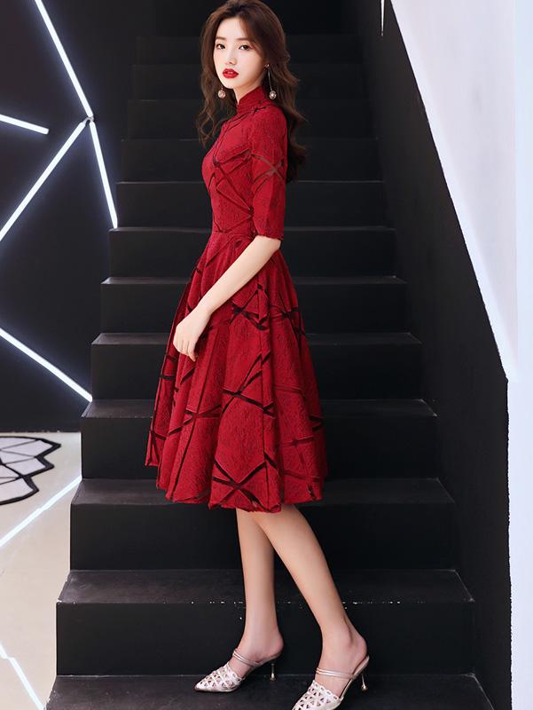 Wine Red Striped A-Line Midi Wedding Qipao / Cheongsam Dress