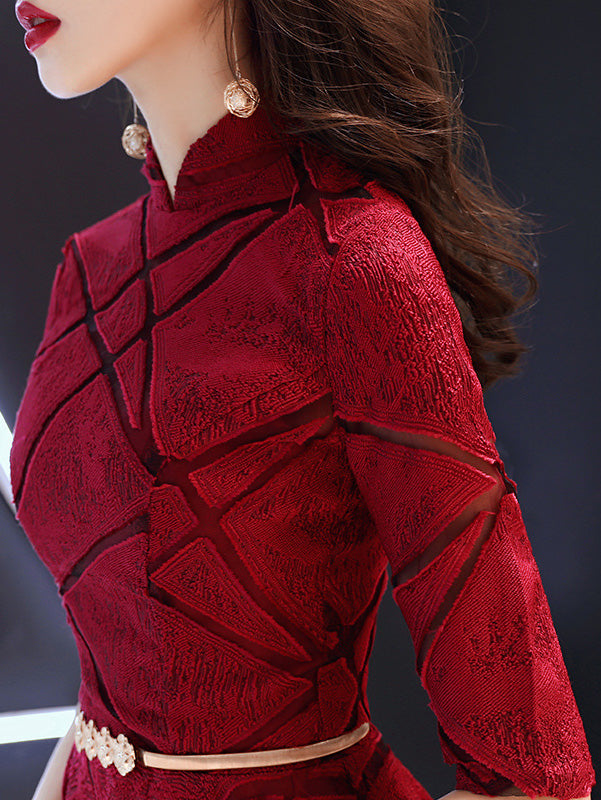 Wine Red Striped A-Line Midi Wedding Qipao / Cheongsam Dress