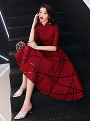 Wine Red Striped A-Line Midi Wedding Qipao / Cheongsam Dress