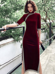 Red Purple Mother's Velvet Qipao / Cheongsam Party Dress