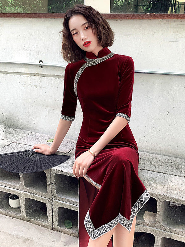Red Purple Mother's Velvet Qipao / Cheongsam Party Dress